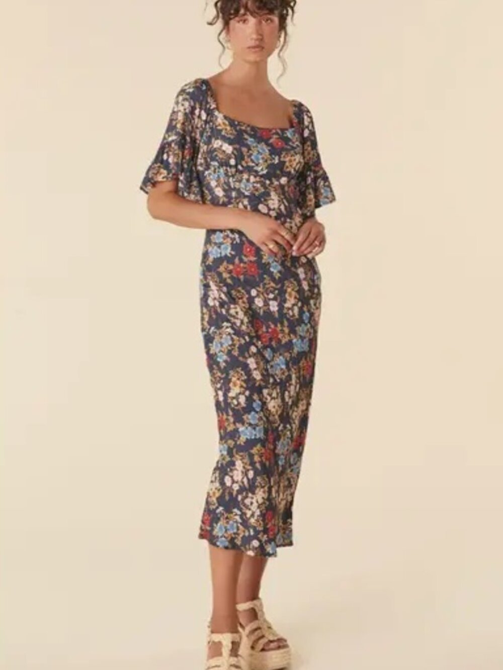 SPELL Flora Midi Dress S Mystic Blue Floral Print Flutter Sleeve Boho Resortwear - Picture 8 of 8